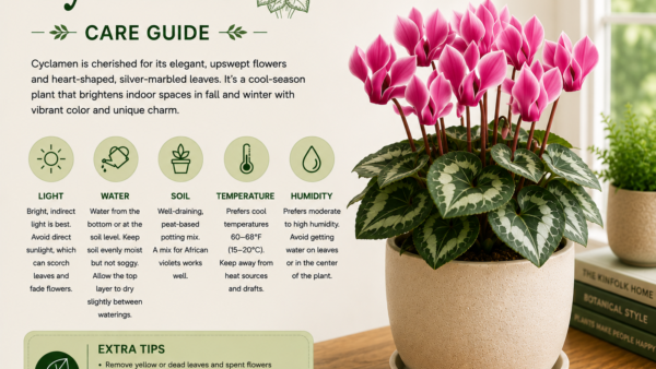 Cyclamen plant growing indoors with healthy green leaves and colorful flowers in a decorative pot.